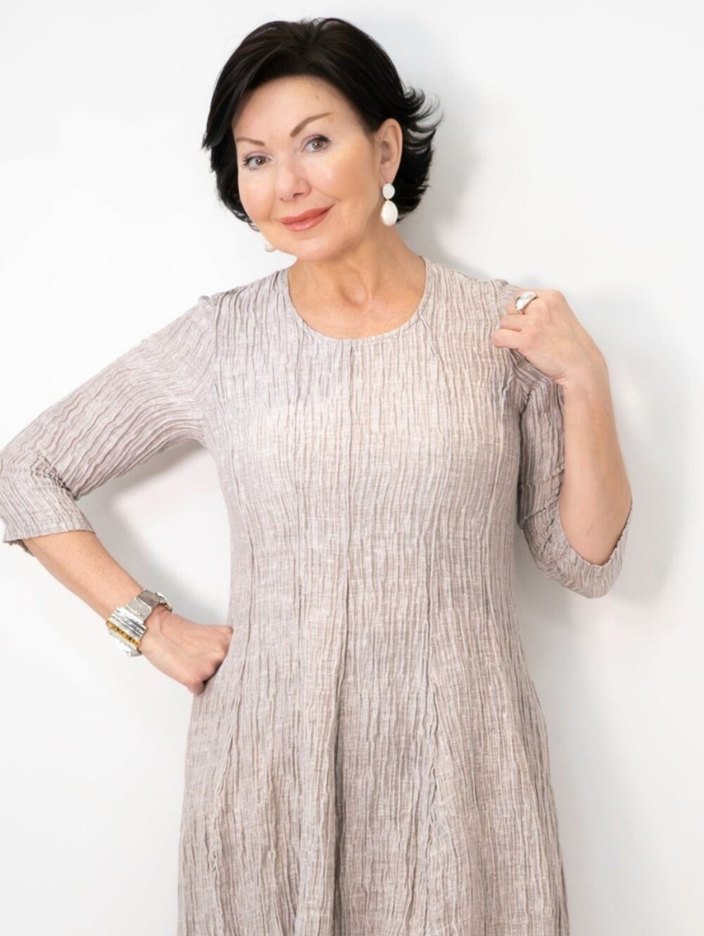 GRIZAS Silk + Linen Pale Gray Crinkle Pullover Tunic Dress M